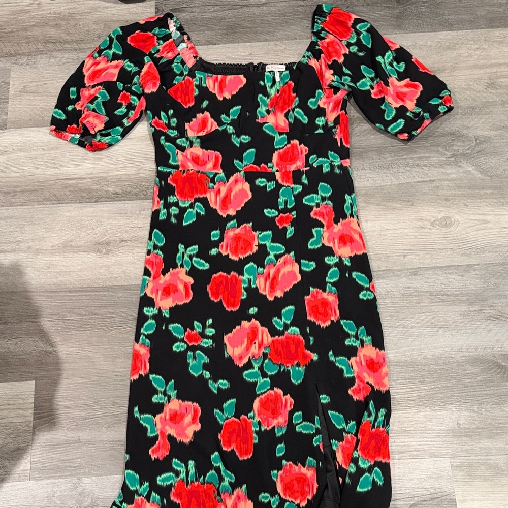 BCBGeneration Black Midi Dress with Red Floral Print
